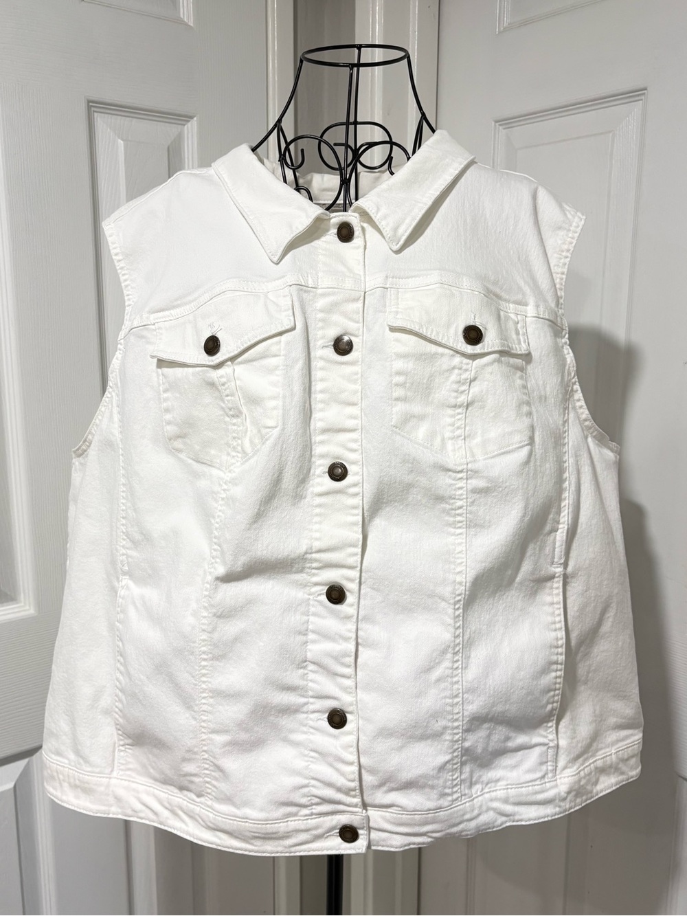 Woman Within Plus Size Sleeveless White Denim Button-Front Vest